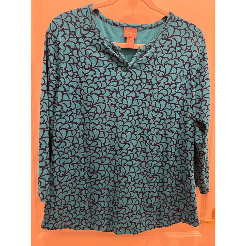 Chico's 2 (US L/12) Top 3/4 Sleeve Tee Teal Navy Floral 100% Cotton V-Neck